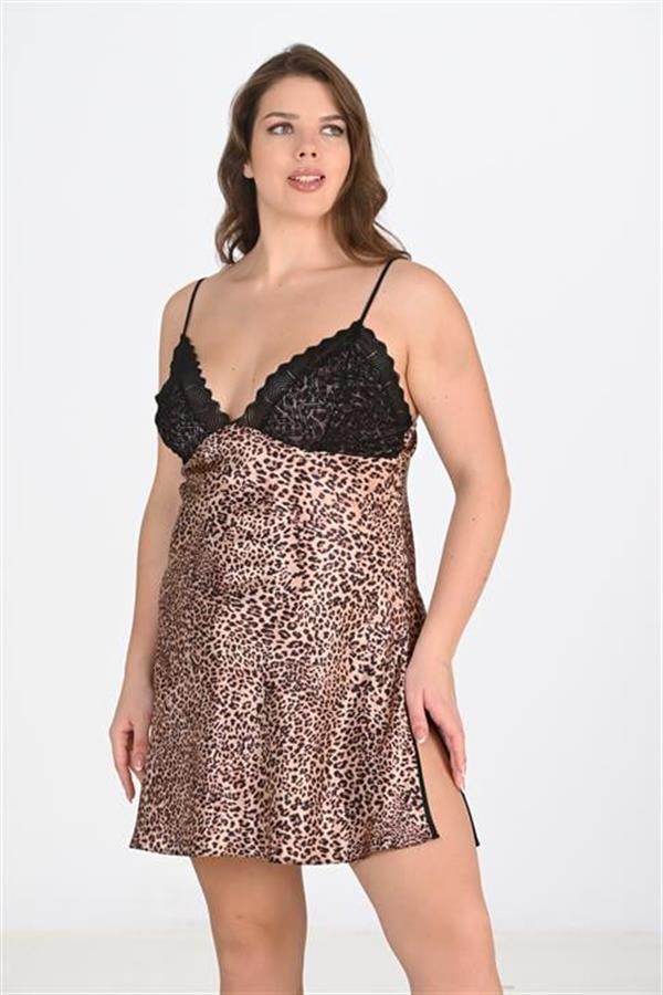 Premium Büyük Beden Saten Dantel İşlemeli Leopar 2'li Gecelik Sabahlık Takımı Bigsize - Görsel 2