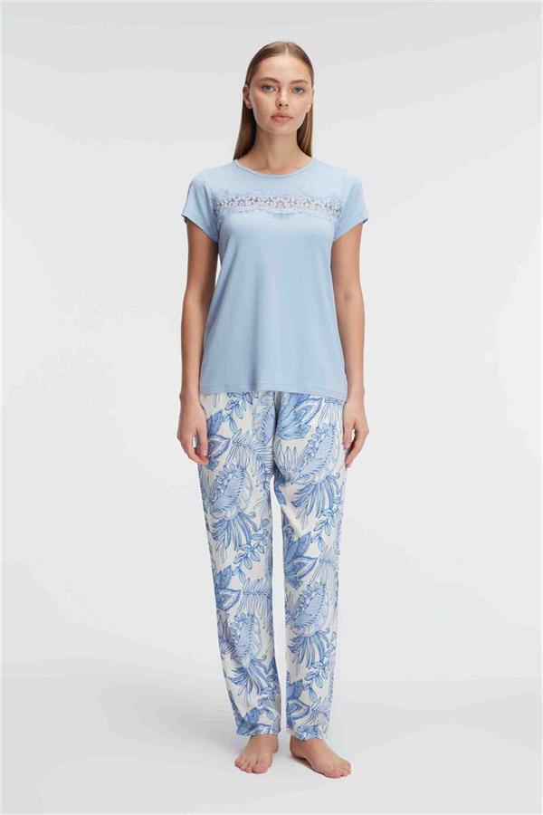 Arias Closet Kısa Kol Bisiklet Yaka Kadın Viskon Çiçek Desenli Yazlık ÖRME Dantel Detaylı Pijama Takımı - Görsel 1