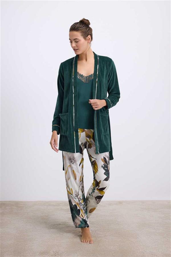 Arias Closet Kadife Sabahlık, Dantelli Atlet ve Desenli Pantolon Pijama Takımı - Görsel 1