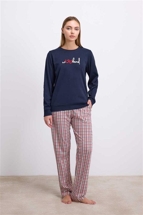 Arias Closet %100 Pamuklu Uzun Kol Sweatshirt ve Ekose Pantolon Pijama Takımı - Görsel 1