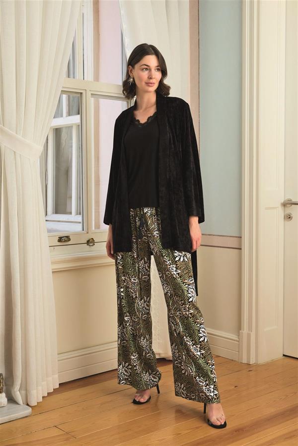Arias Closet Çiçek Yaprak ve Etnik Desenli Dantelli 3'lü Pijama Takımı - Görsel 1