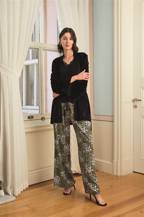 Arias Closet Çiçek Yaprak ve Etnik Desenli Dantelli 3'lü Pijama Takımı - Görsel 9