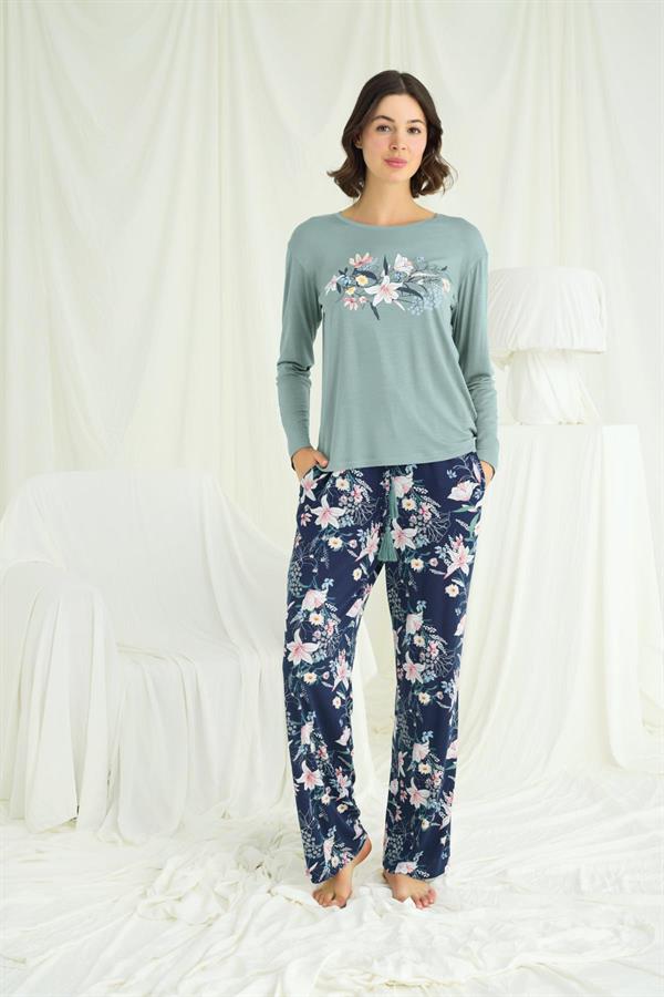 Arias Closet Çiçek ve Yaprak Desenli Baskılı Pijama Takımı - Görsel 1