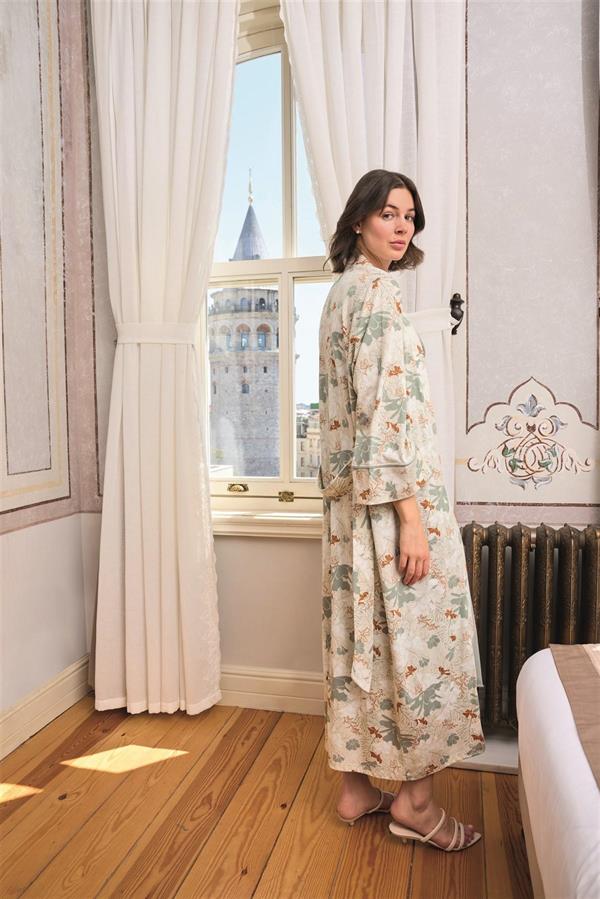 Arias Closet Çiçek ve Yaprak Desenli Dantelli ve Dekolteli Sabahlık Takımı - Görsel 5