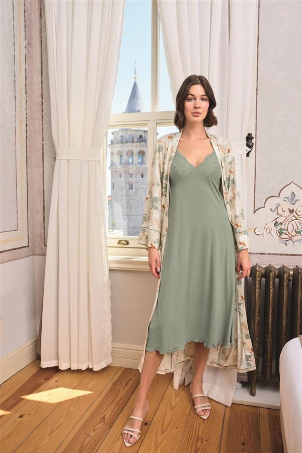 Arias Closet Çiçek ve Yaprak Desenli Dantelli ve Dekolteli Sabahlık Takımı - Görsel 9