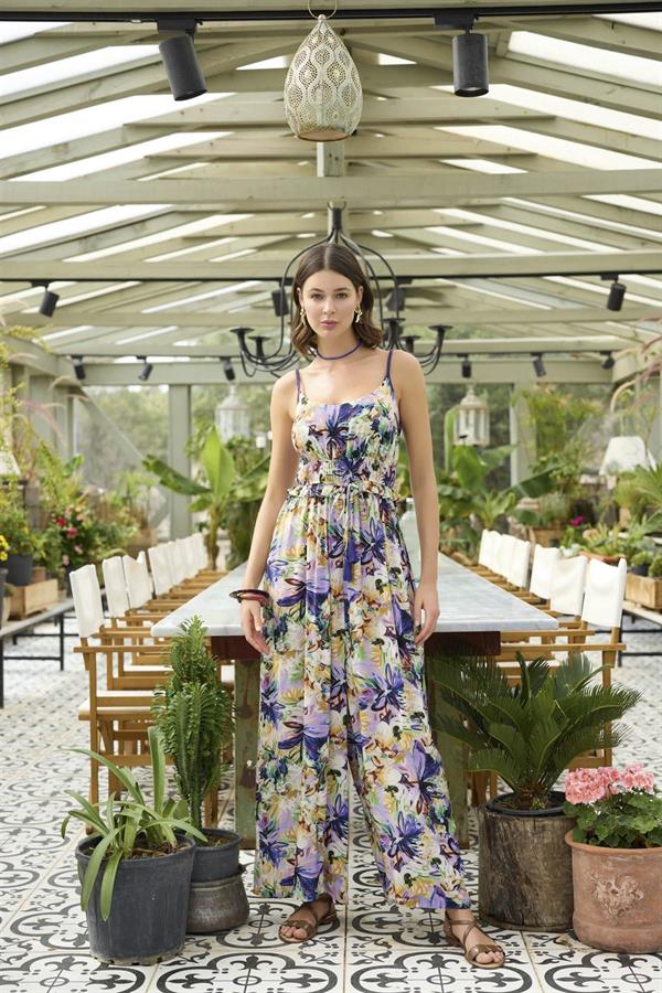 Arias Closet Çiçek ve Yaprak Desenli İp Askılı Tulum - Görsel 1