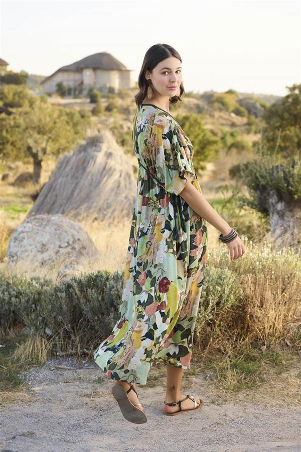 Arias Closet %100 Viskon Çiçek ve Yaprak Desenli Kısa Kollu Elbise - Görsel 8