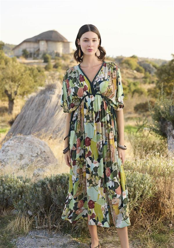 Arias Closet %100 Viskon Çiçek ve Yaprak Desenli Kısa Kollu Elbise - Görsel 1