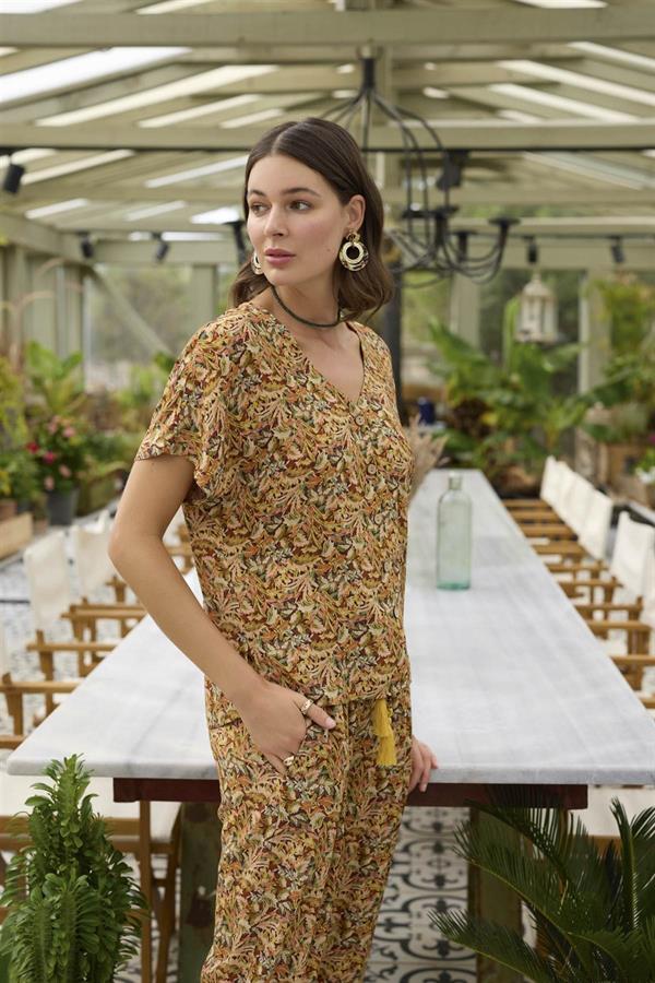 Arias Closet Çiçek ve Yaprak Desenli Önü Düğmeli Alt Üst Takım - Görsel 5