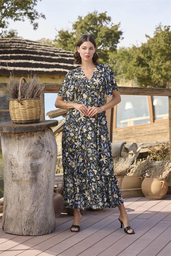 Arias Closet %100 Viskon Çiçek ve Yaprak Desenli Önü Düğmeli Elbise - Görsel 2