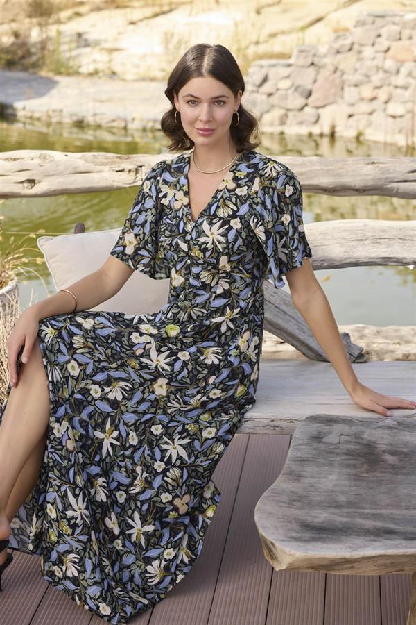 Arias Closet %100 Viskon Çiçek ve Yaprak Desenli Önü Düğmeli Elbise - Görsel 7