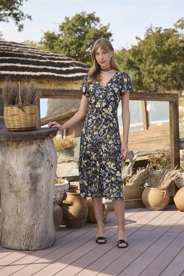 Arias Closet %100 Viskon Çiçek ve Yaprak Desenli Önü Düğmeli Elbise - Görsel 1