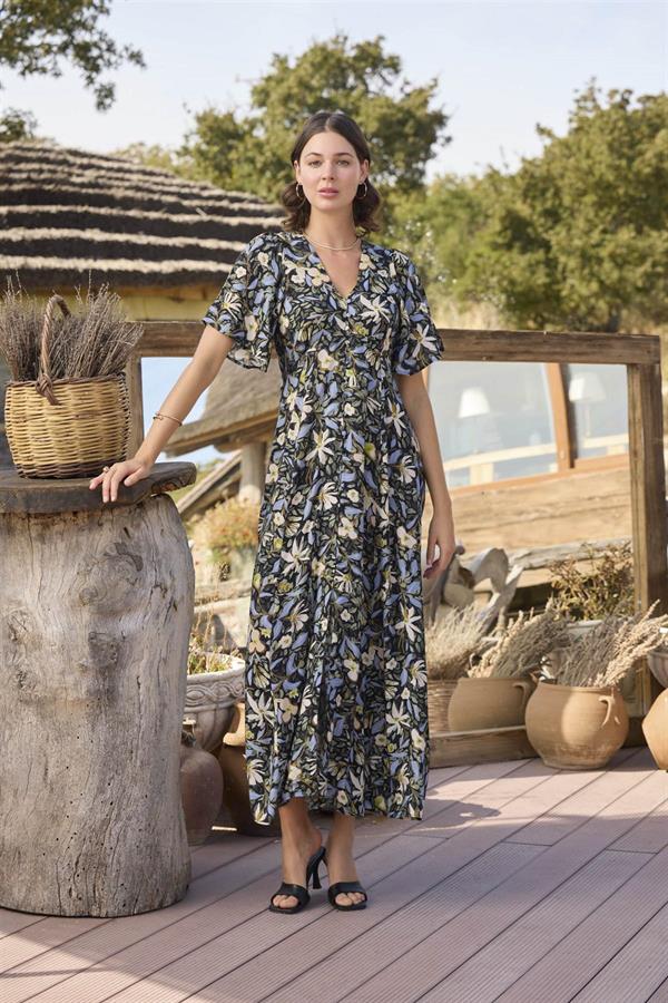 Arias Closet %100 Viskon Çiçek ve Yaprak Desenli Önü Düğmeli Elbise - Görsel 1