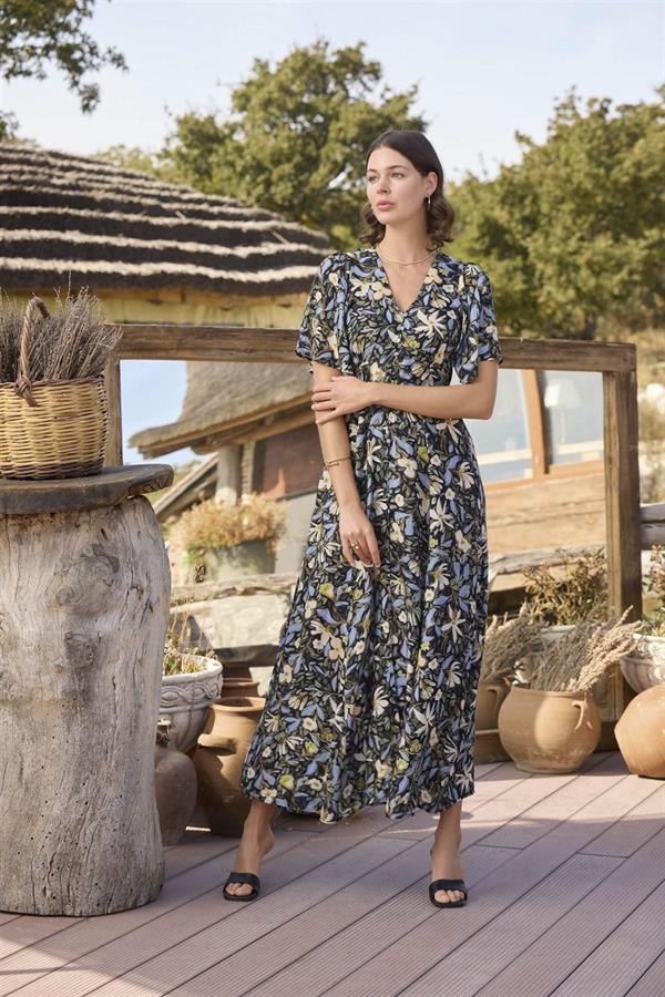 Arias Closet %100 Viskon Çiçek ve Yaprak Desenli Önü Düğmeli Elbise - Görsel 4
