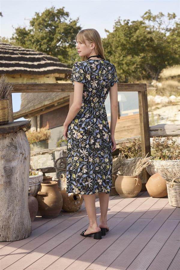 Arias Closet %100 Viskon Çiçek ve Yaprak Desenli Önü Düğmeli Elbise - Görsel 6