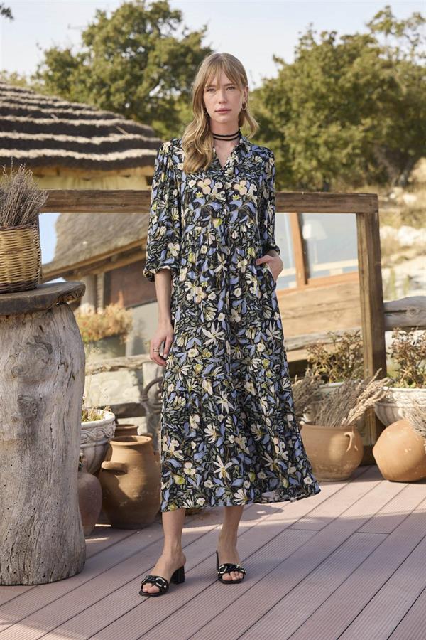 Arias Closet Çiçek ve Yaprak Desenli Truvakar Kollu Elbise - Görsel 1