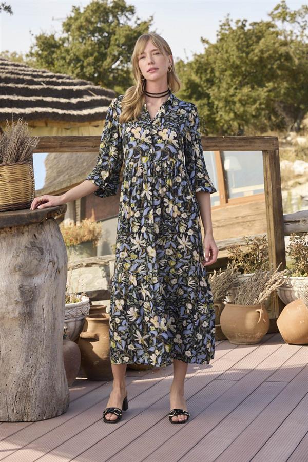 Arias Closet Çiçek ve Yaprak Desenli Truvakar Kollu Elbise - Görsel 4