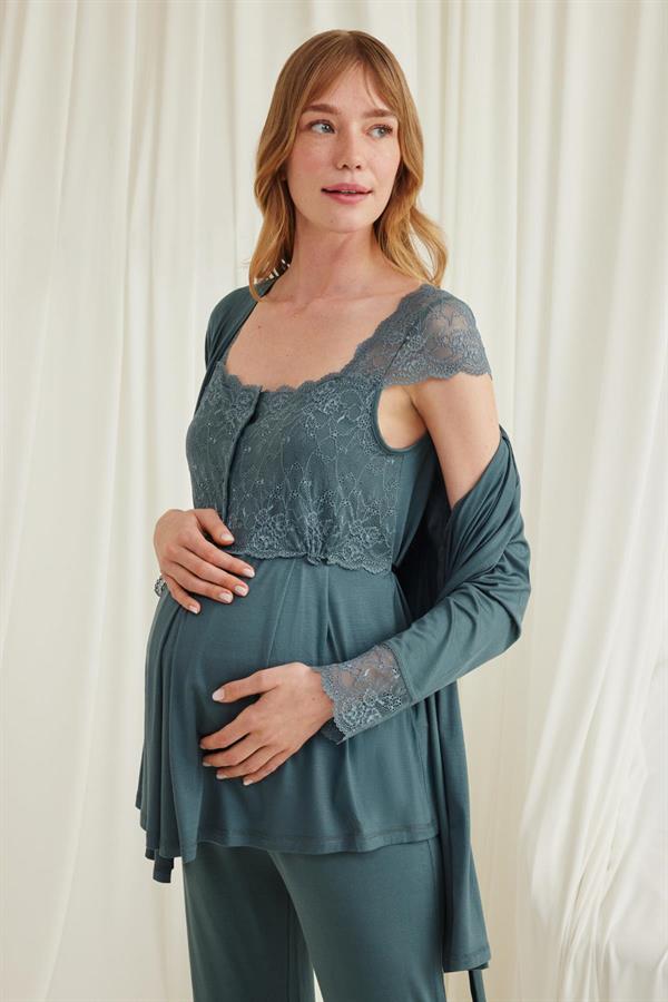 Arias Closet Dantelli Önü Düğmeli Hamile Lohusa 3'lü Viskon Pijama Takımı - Görsel 5