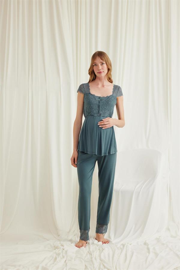 Arias Closet Dantelli Önü Düğmeli Hamile Lohusa 3'lü Viskon Pijama Takımı - Görsel 9