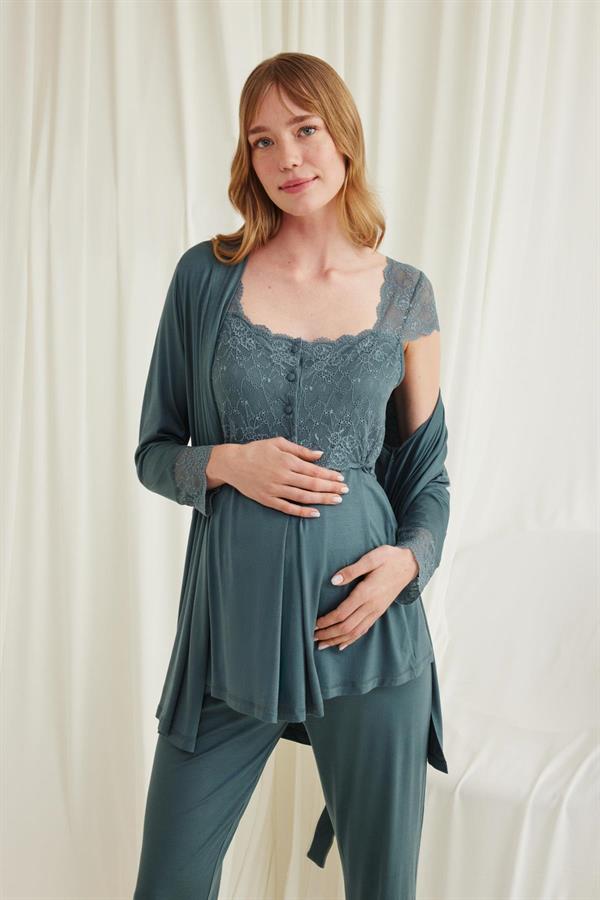Arias Closet Dantelli Önü Düğmeli Hamile Lohusa 3'lü Viskon Pijama Takımı - Görsel 4
