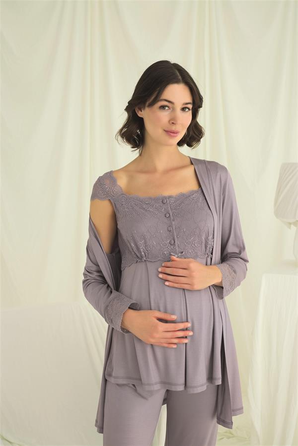Arias Closet Dantelli Önü Düğmeli Hamile Lohusa 3'lü Pijama Takımı - Görsel 4
