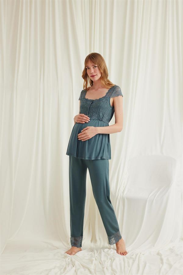 Arias Closet Dantelli Önü Düğmeli Hamile Lohusa 3'lü Viskon Pijama Takımı - Görsel 10
