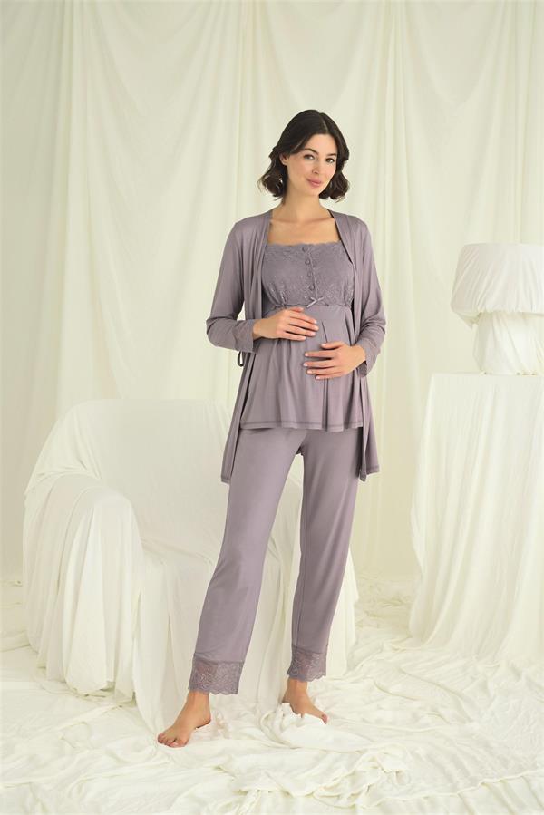 Arias Closet Dantelli Önü Düğmeli Hamile Lohusa 3'lü Pijama Takımı - Görsel 1