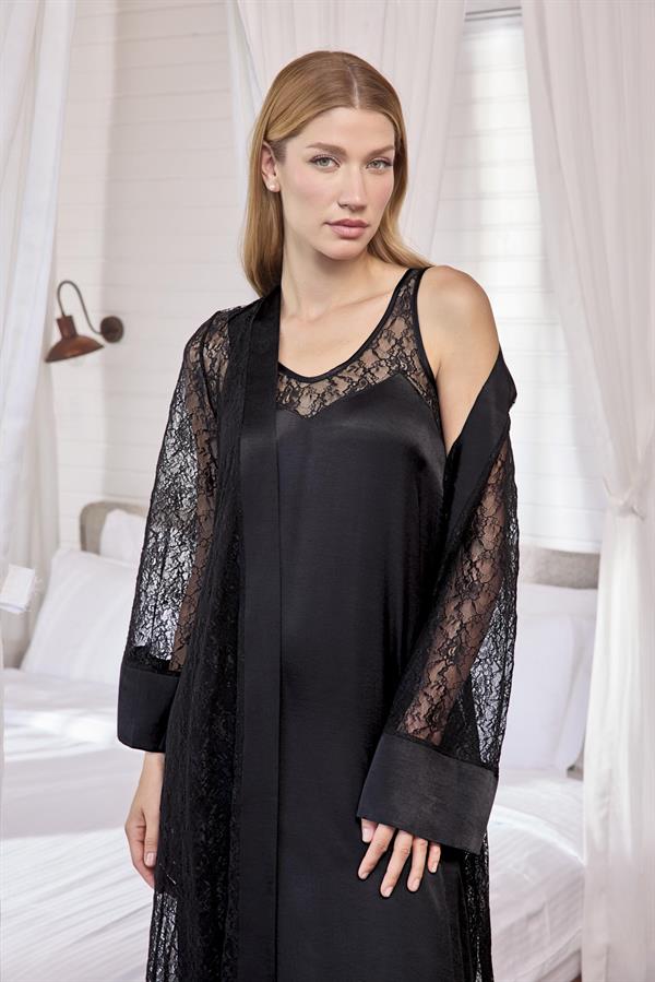 Arias Closet %100 Viskon Dantelli ve Dekolteli Saten Sabahlık Takımı - Görsel 4