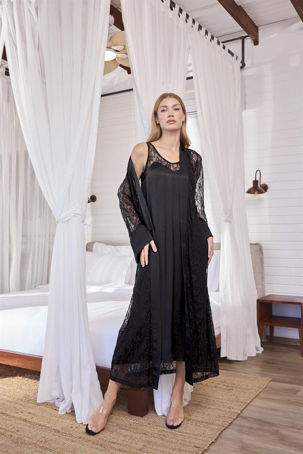 Arias Closet %100 Viskon Dantelli ve Dekolteli Saten Sabahlık Takımı - Görsel 2