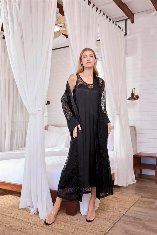Arias Closet %100 Viskon Dantelli ve Dekolteli Saten Sabahlık Takımı - Görsel 2