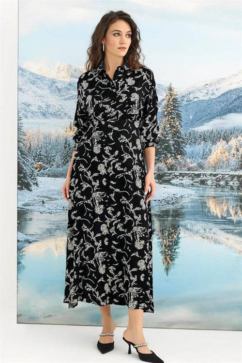 Arias Closet %100 Viskon Desenli Truvakar Kollu Saten Elbise - Görsel 1