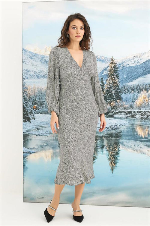 Arias Closet %100 Viskon Desenli Uzun Kollu Saten Elbise - Görsel 1
