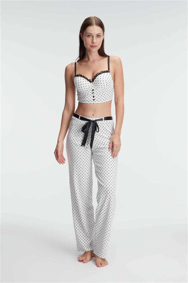 Arias Closet Fantezi Bralet Sütyen Pamuklu Puantiye Desenli Desteksiz Dantel Detaylı Pijama Takımı - Görsel 1