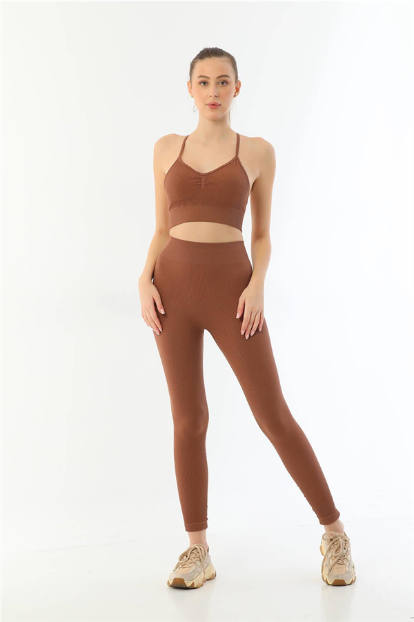 Arias Closet Kahve MI Emay 3921 Soft Seamless Ripli Tayt Yoga Takımı - Görsel 1