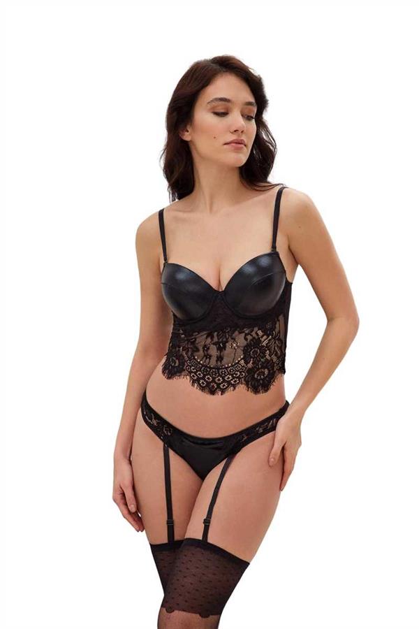Arias Closet Deri Görünümlü Balenli Destekli Dolgulu Askıları Çıkabilen Dantelli Büstiyer Sütyen Jartiyerli String ve Çorap 3'lü Takım - Görsel 1