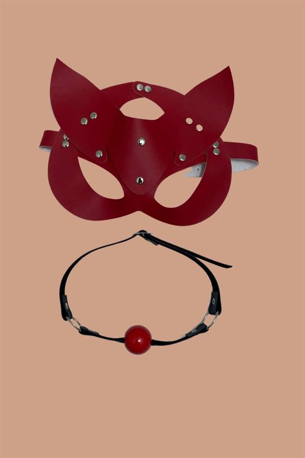 Arias Closet Kırmızı Deri Maske ve Ağız Topu Harness Aksesuar - Görsel 1