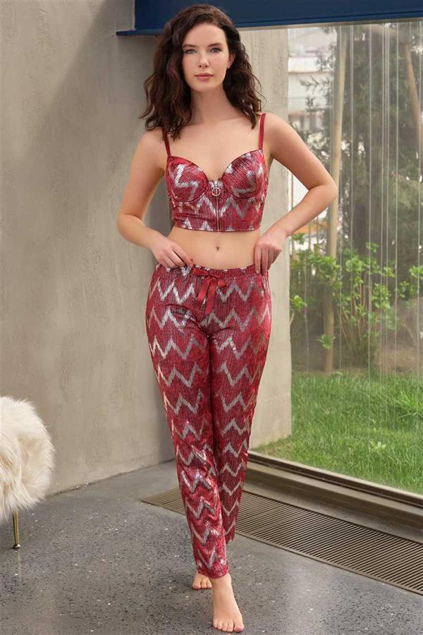 Arias Closet Kadife Balenli Destekli Dolgulu Parlak Baskılı Fermuar Detaylı Büstiyer ve Pantolon Pijama Takımı - Görsel 1