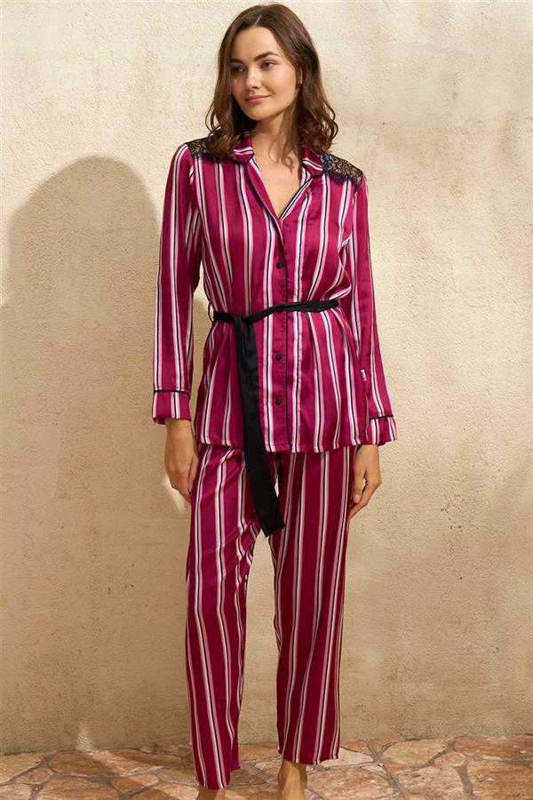 Arias Closet Saten Çizgili Düğmeli Uzun Kol Dantelli Gömlek ve Pantolon Pijama Takım (9765) - Görsel 1