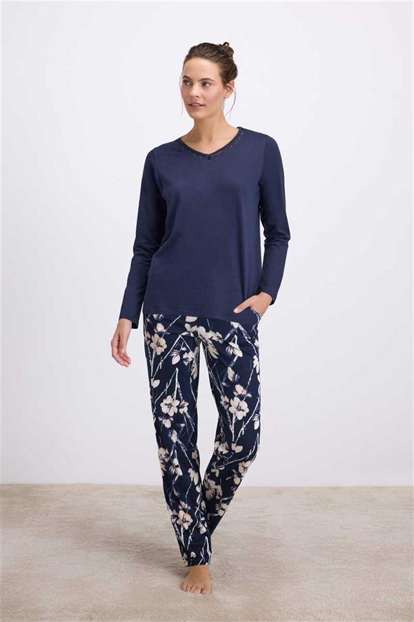 Arias Closet Çiçek Desenli Uzun Kollu T-Shirt ve Pantolon Pijama Takımı - Görsel 1