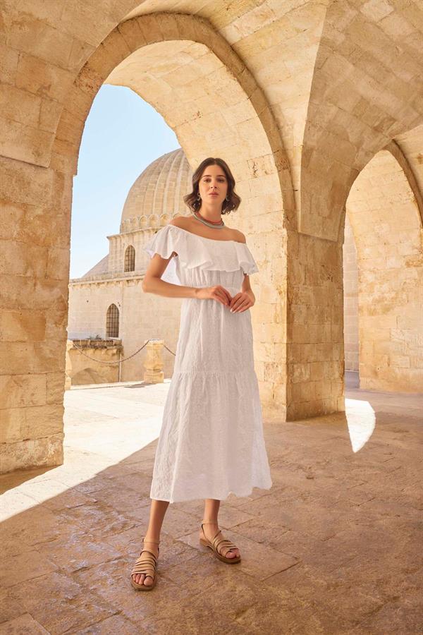 Arias Closet Pamuklu Kayık Yakalı Elbise - Görsel 4