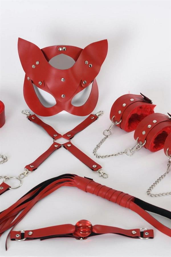 Arias Closet Kırmızı İçi Tüylü Maske,Kol,Bacak,Ağız Topu,Kırbaç,Tasma Harness Set - Görsel 2