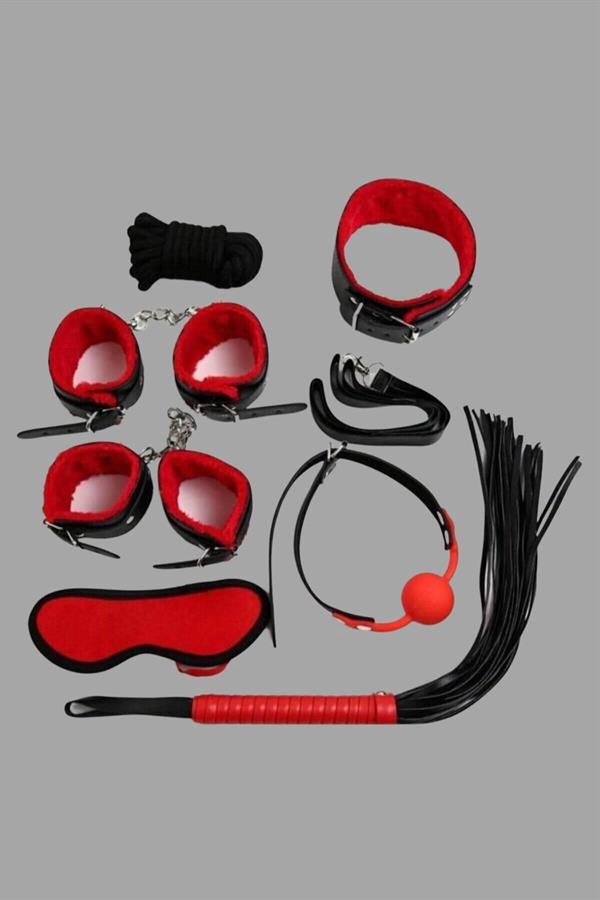 Arias Closet Kırmızı/Siyah İçi Tüylü Deri 7'li Harness Set - Görsel 1