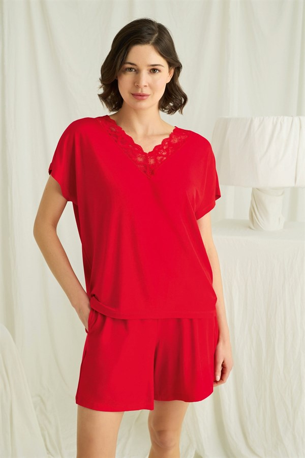 Arias Closet Kısa Kollu Dantelli V Yaka Şort Pijama Takımı - Görsel 1