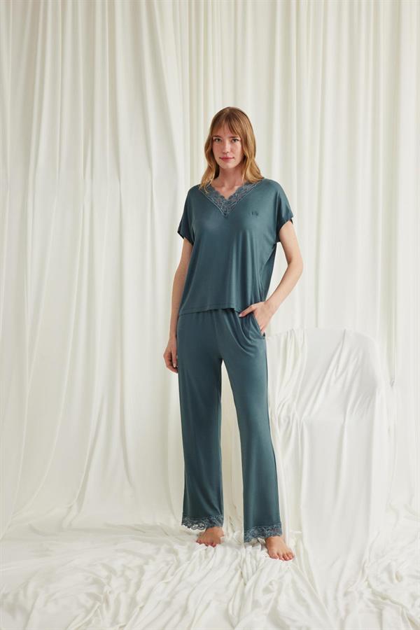 Arias Closet Kısa Kollu V Yakalı Dantelli Pijama Takımı - Görsel 1