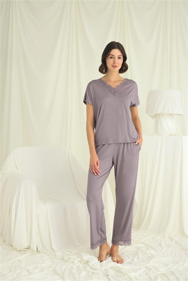 Arias Closet Kısa Kollu V Yakalı Dantelli Pijama Takımı - Görsel 1