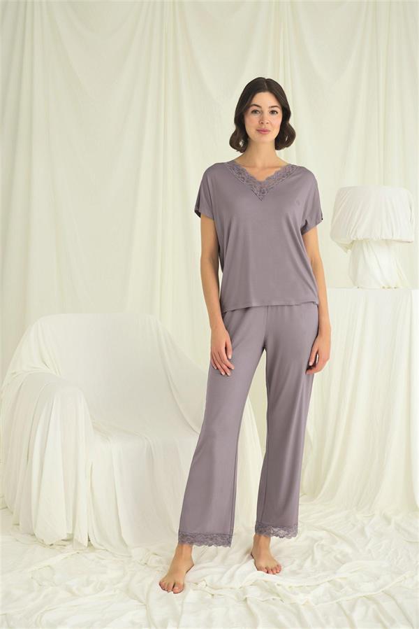 Arias Closet Kısa Kollu V Yakalı Dantelli Pijama Takımı - Görsel 2