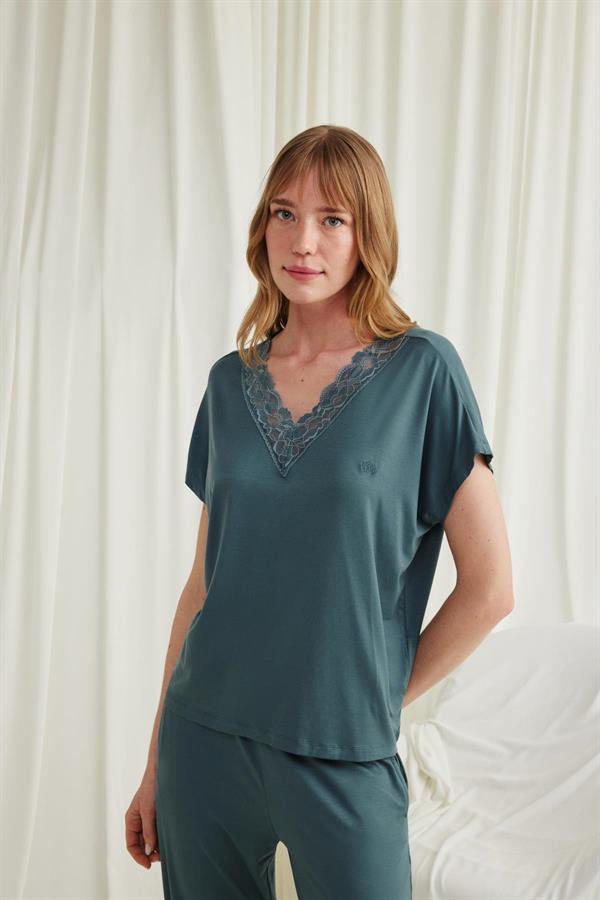 Arias Closet Kısa Kollu V Yakalı Dantelli Pijama Takımı - Görsel 5