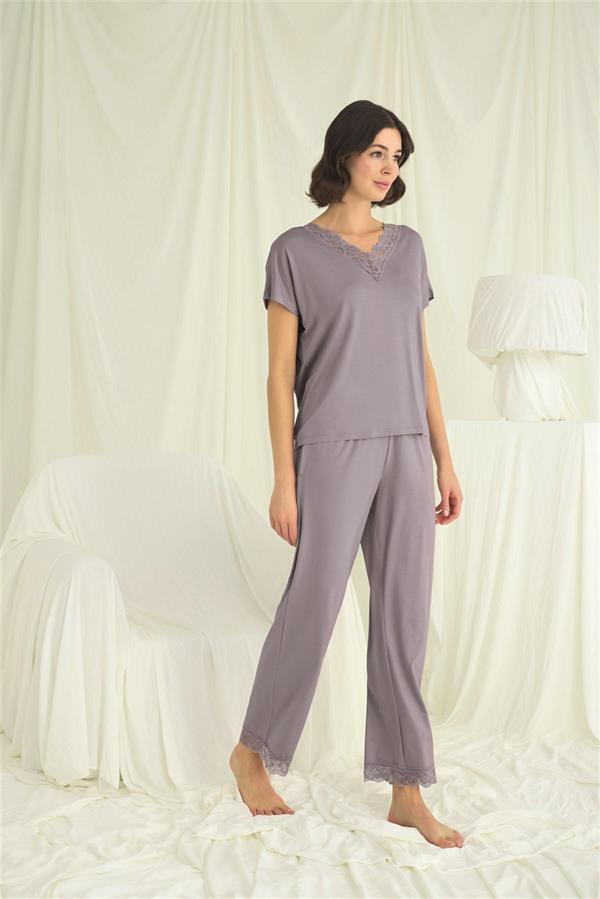 Arias Closet Kısa Kollu V Yakalı Dantelli Pijama Takımı - Görsel 4