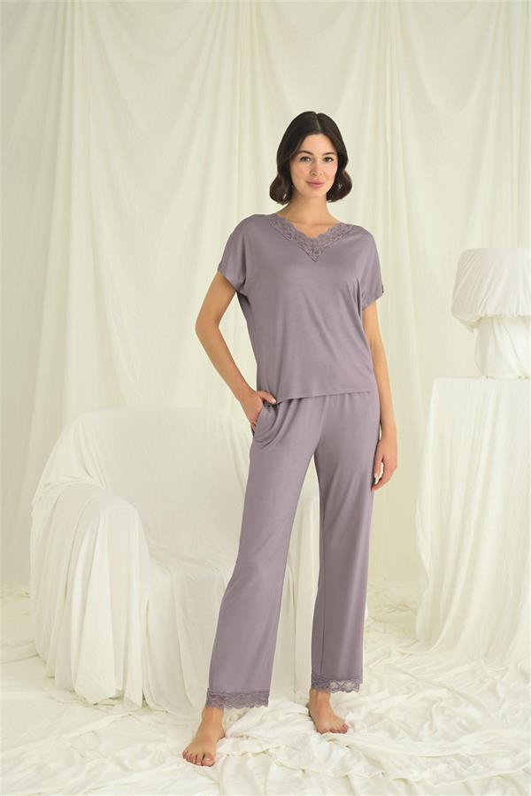 Arias Closet Kısa Kollu V Yakalı Dantelli Pijama Takımı - Görsel 5