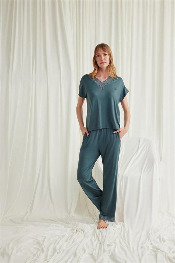Arias Closet Kısa Kollu V Yakalı Dantelli Pijama Takımı - Görsel 2